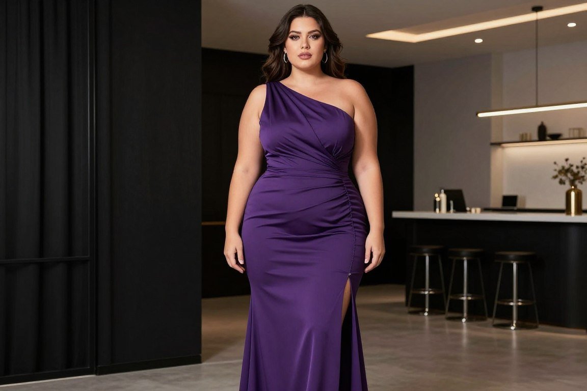 Rich purple one shoulder gown with ruching for plus size mother