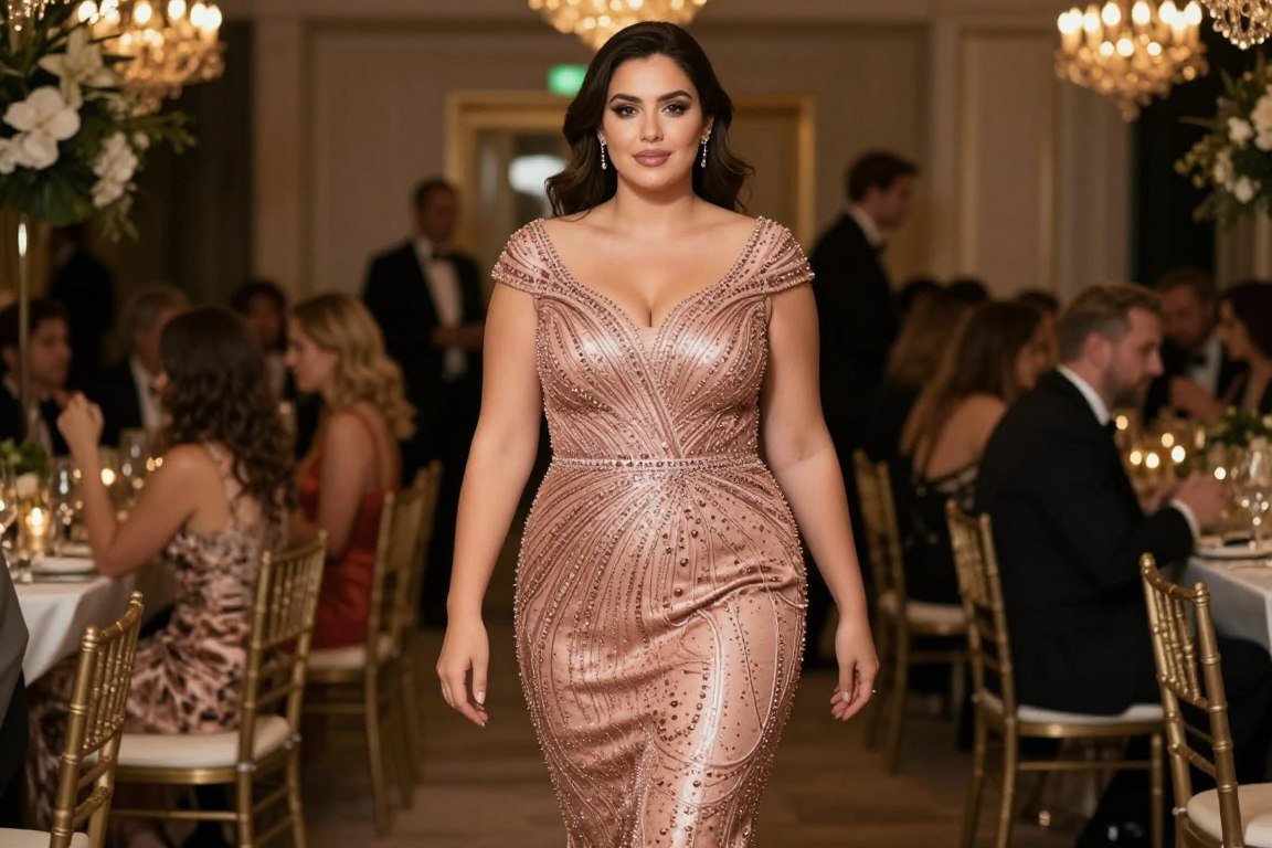Rose gold beaded cocktail dress for plus size mother bride