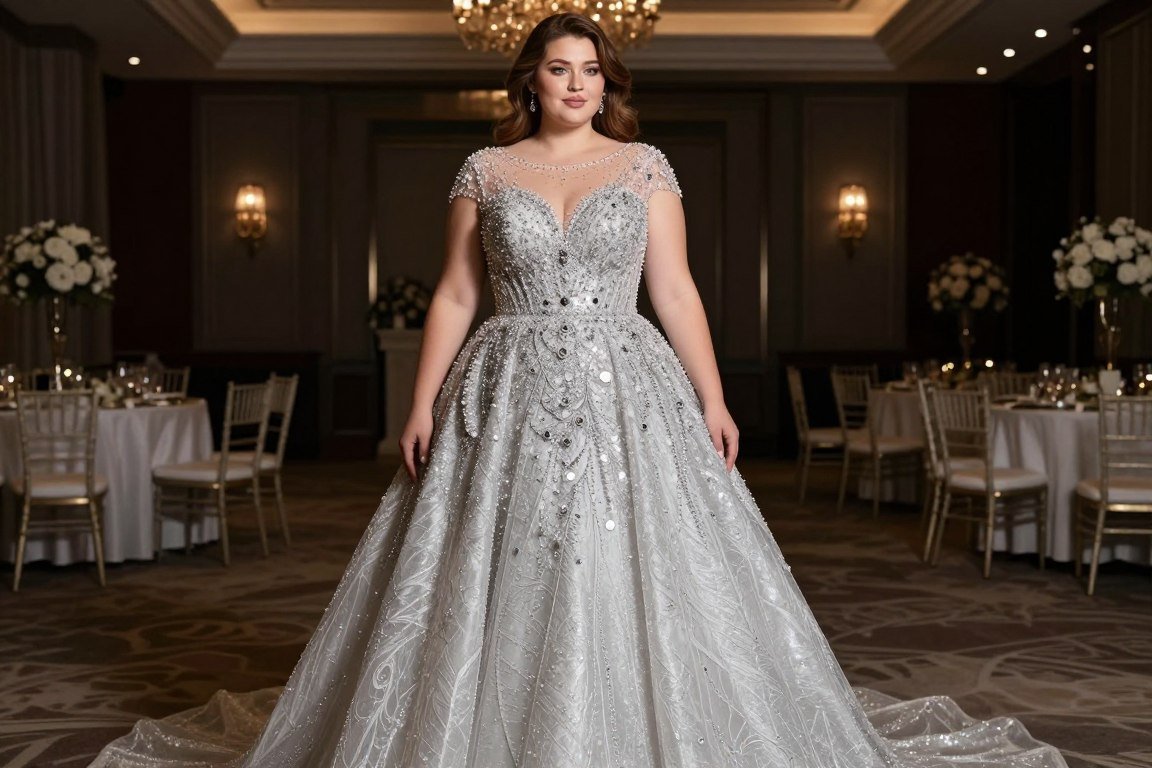 Silver beaded illusion neckline gown for plus size mother bride