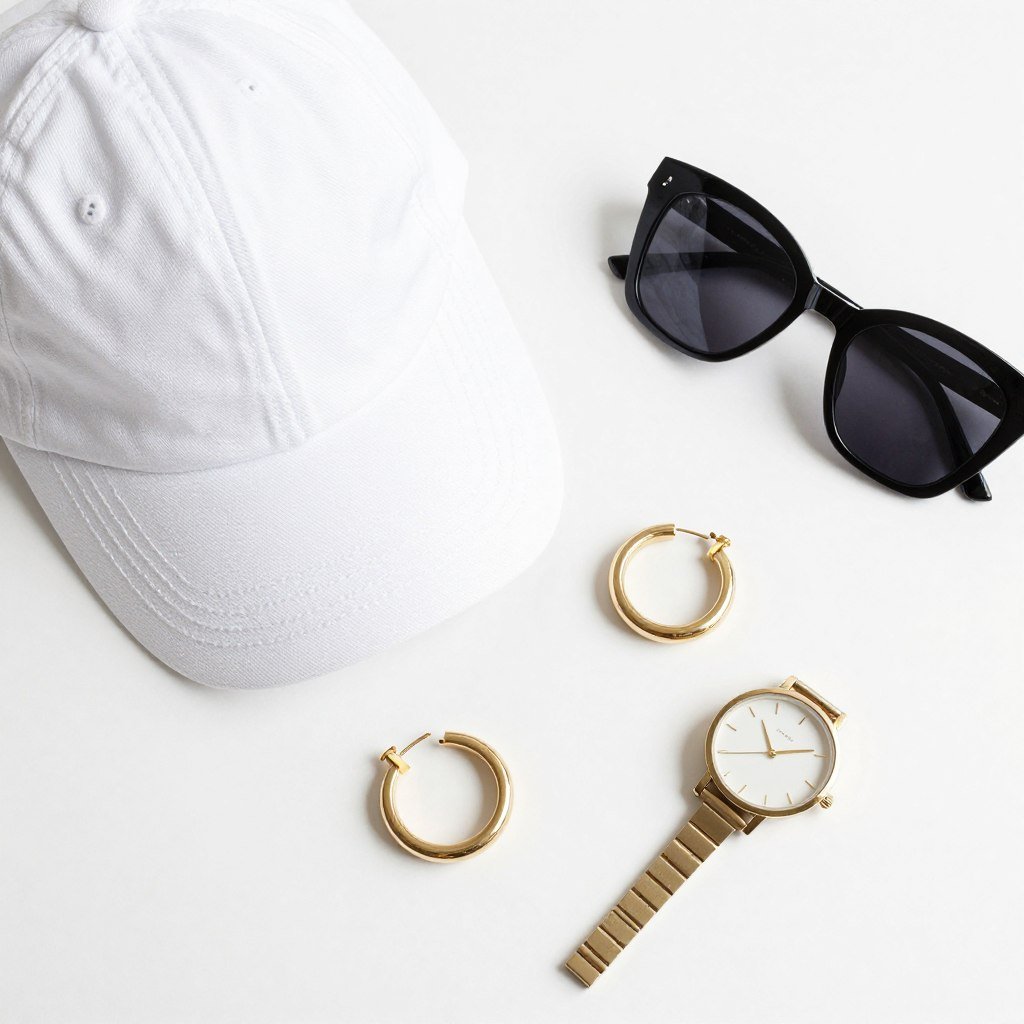 Sporty accessories including baseball cap and sunglasses