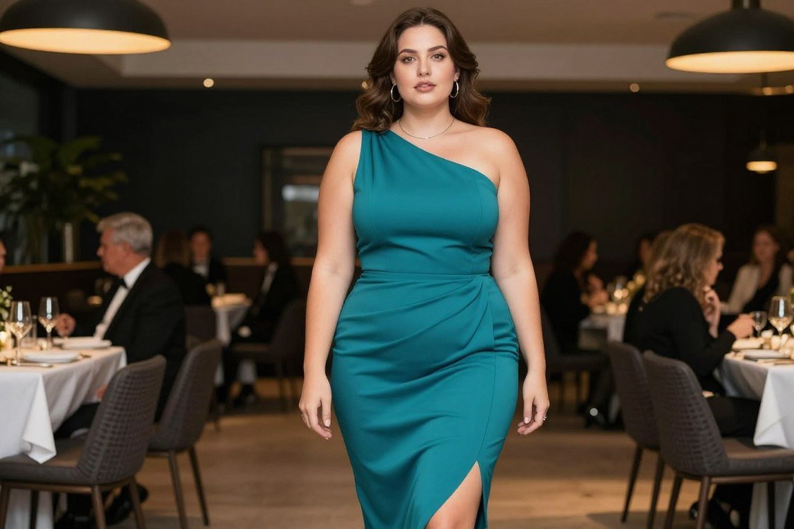Teal one shoulder dress with side draping for mother bride