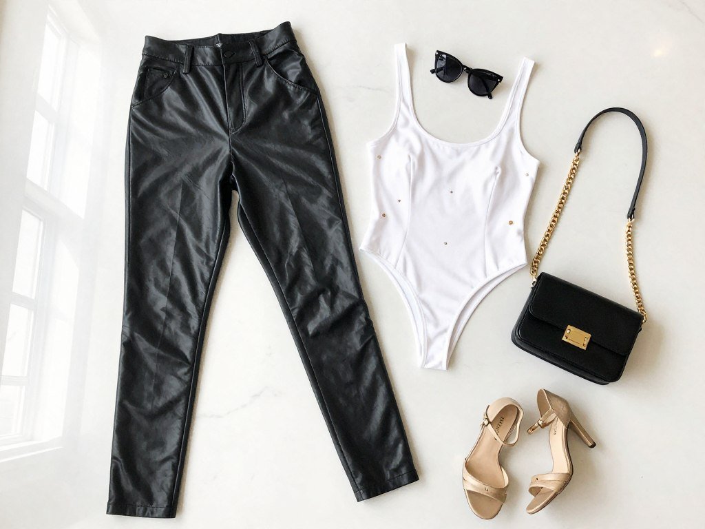 baddie aesthetic outfit flatlay with leather pants and accessories