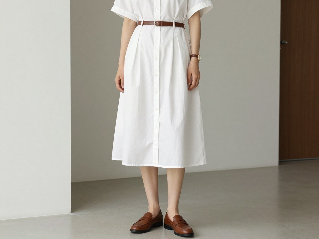 button-up shirt dress with belt and loafers