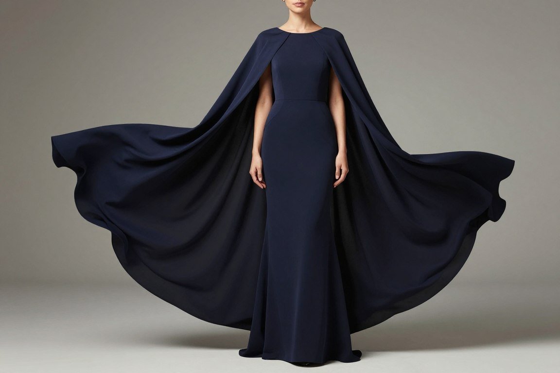 cape-style evening gown for mother of the bride with dramatic overlay