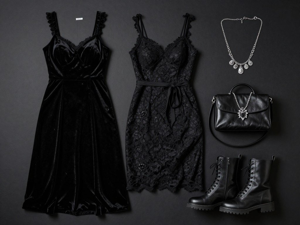 collection of plus size gothic clothing including maxi dress and midi dress