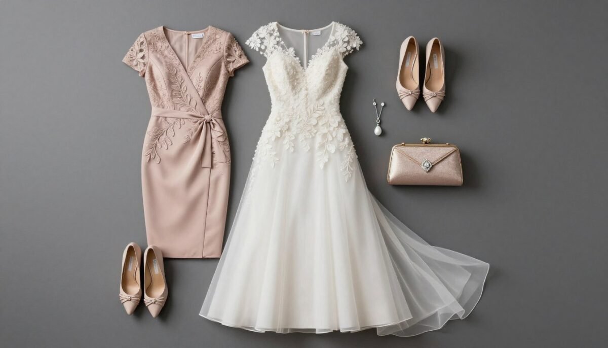complete mother of the bride outfit with dress, shoes, jewelry and accessories styled together