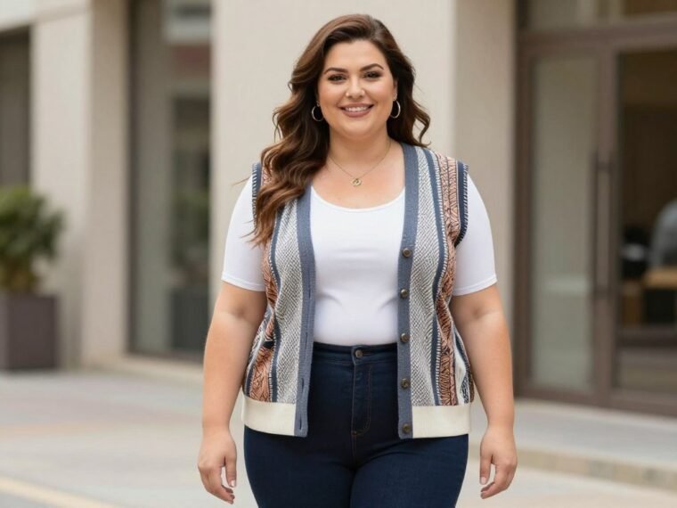 confident plus size mom wearing stylish casual outfit outdoors