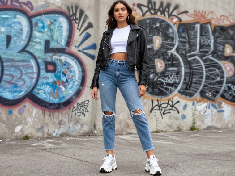 confident woman wearing baddie outfit with leather jacket and high-waisted jeans