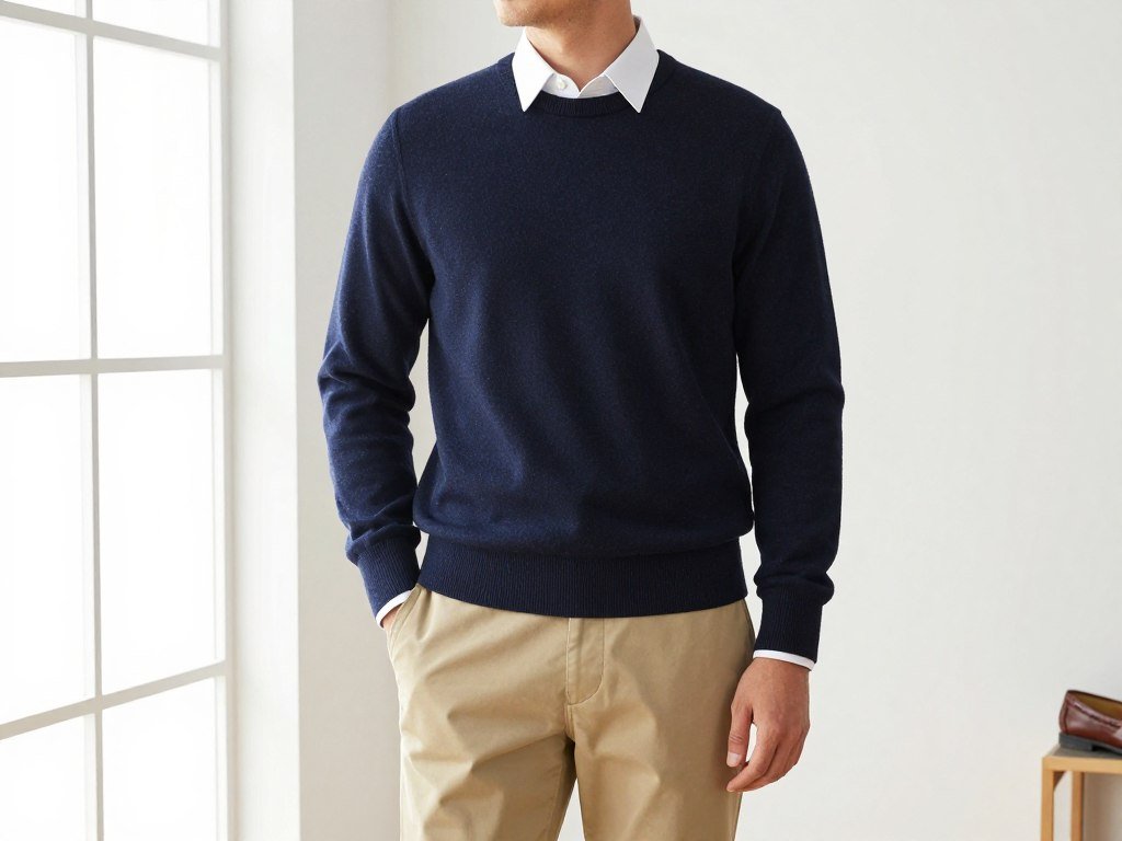 crew-neck sweater layered over button-up shirt