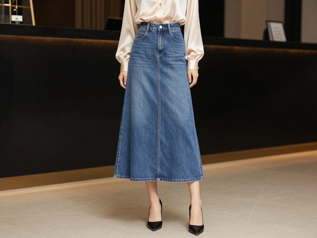 denim maxi skirt dressed up with silk blouse and high heels