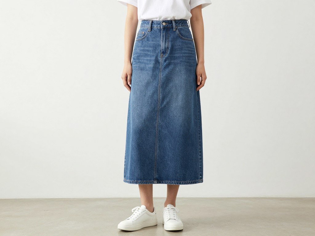 denim maxi skirt styled with white t-shirt and sneakers casual outfit
