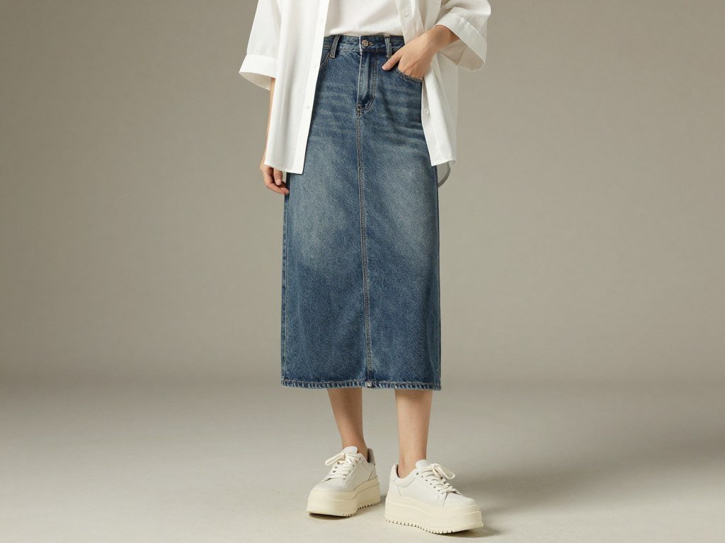 denim midi skirt with oversized shirt and chunky sneakers casual trendy look