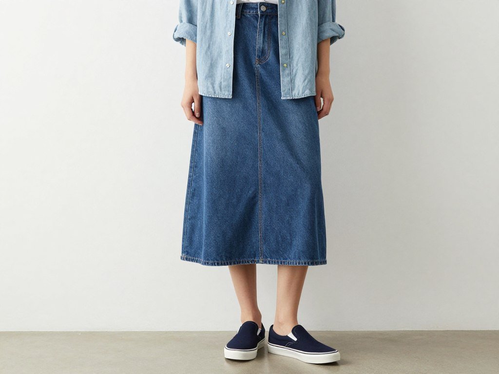 denim on denim outfit chambray shirt with long denim skirt and slip-on sneakers