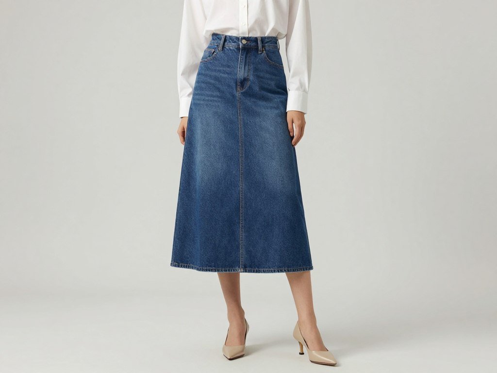 denim skirt styled with white button-down shirt and kitten heels