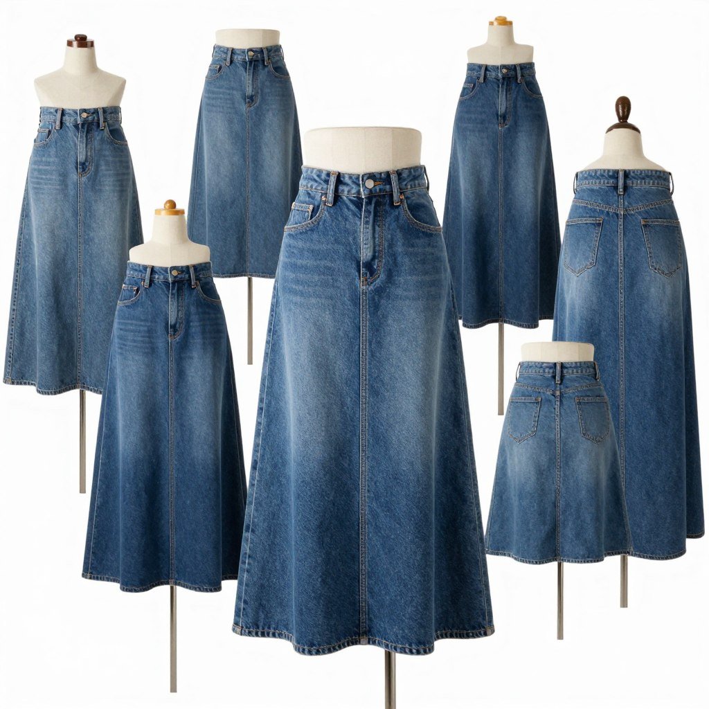 different fits of denim maxi skirts a-line and high rise styles