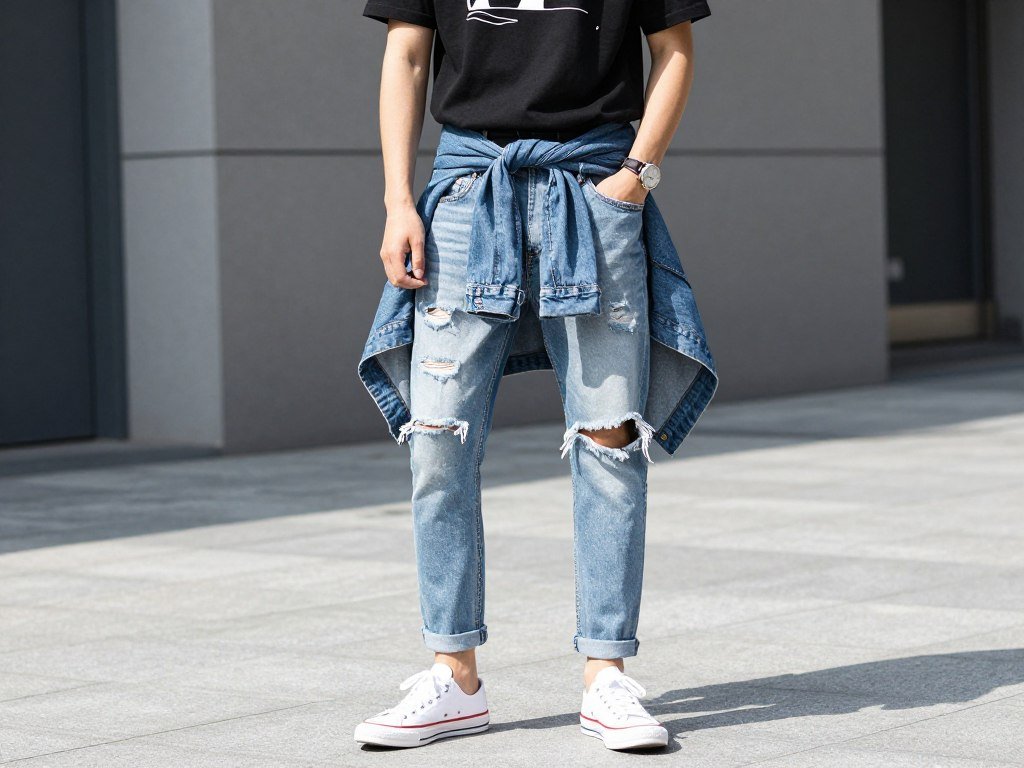 distressed jeans with casual graphic t-shirt and sneakers