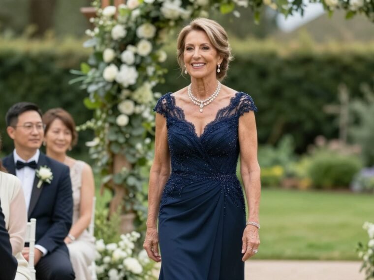 elegant mother of the bride in floor-length navy gown at outdoor wedding ceremony