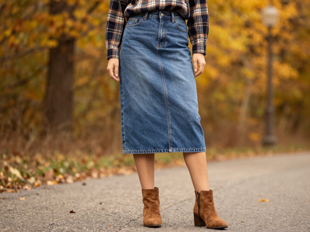 fall outfit long jean skirt with plaid flannel and ankle booties