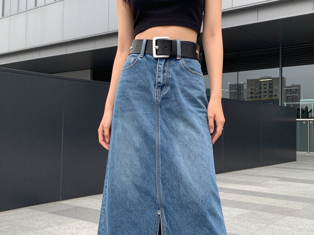 high rise denim maxi skirt with crop top and statement belt trendy outfit