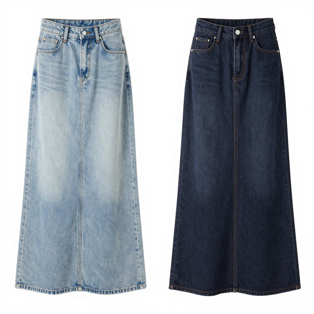 light wash versus dark wash long denim skirts comparison