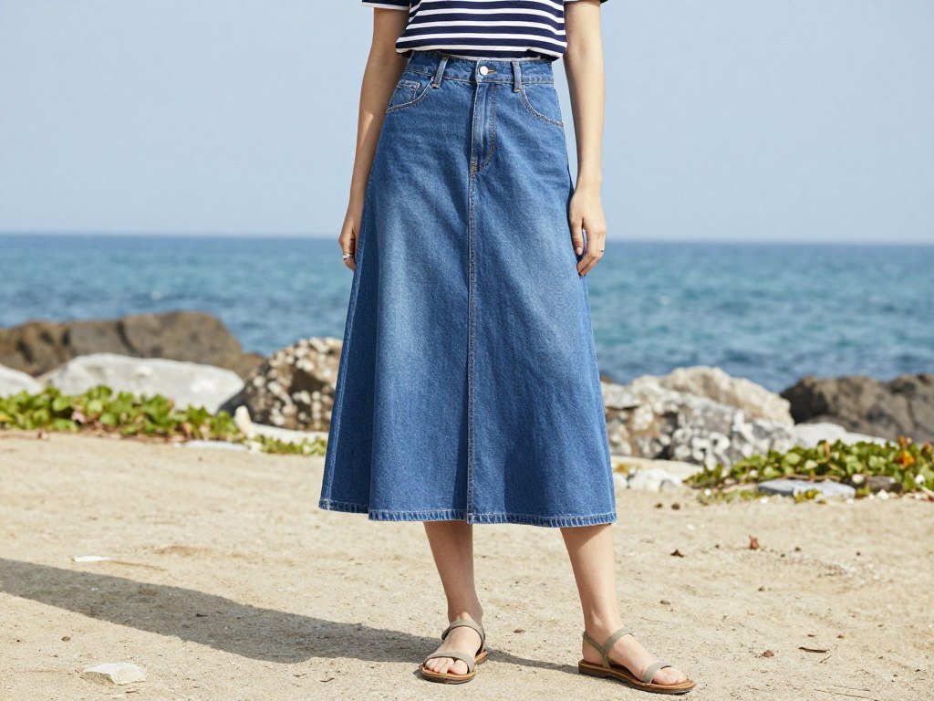 long denim skirt paired with striped nautical top and sandals