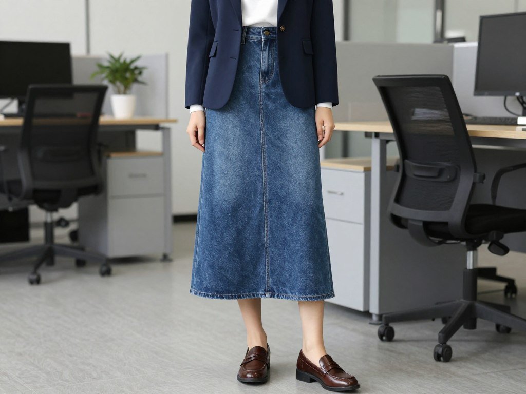 long denim skirt professional outfit with blazer and loafers