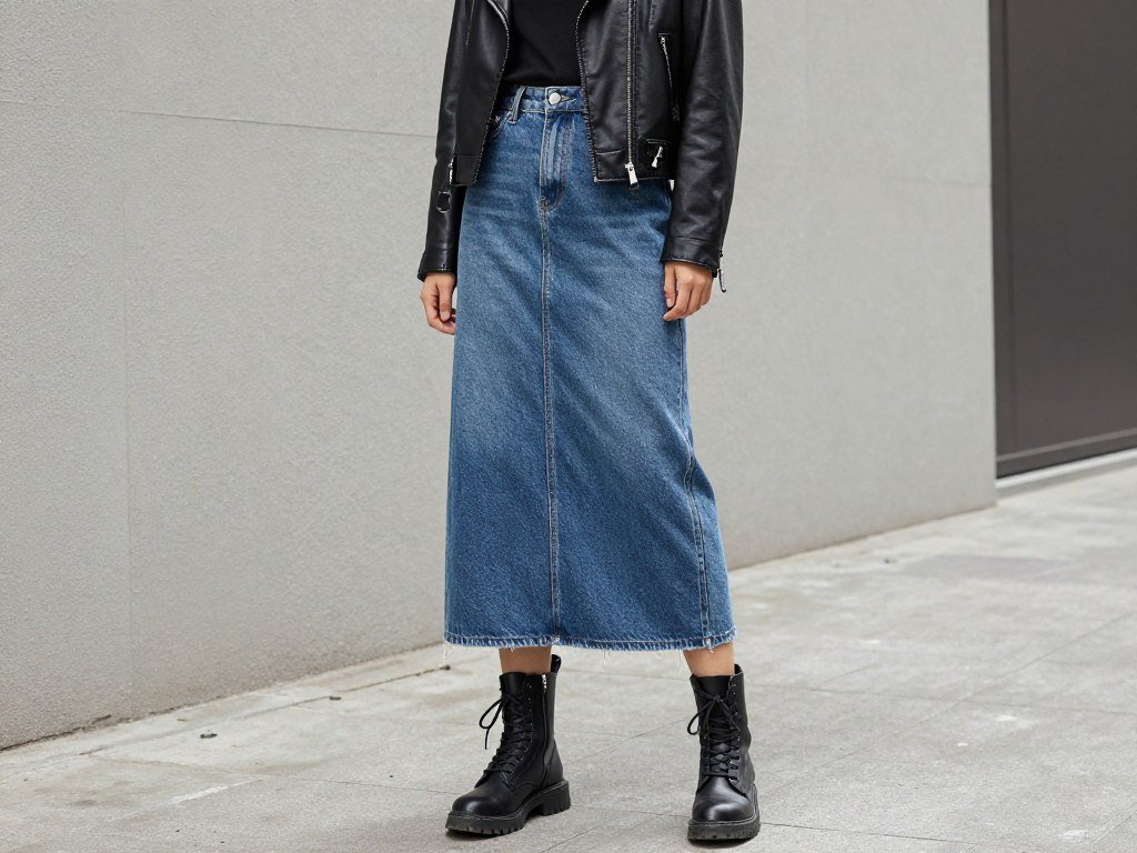 long denim skirt with leather jacket and combat boots edgy outfit