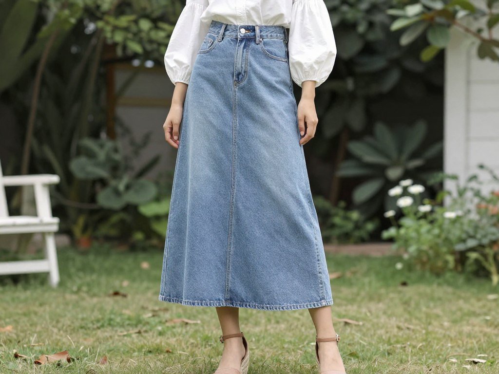 long denim skirt with puff sleeve top and espadrilles feminine romantic outfit
