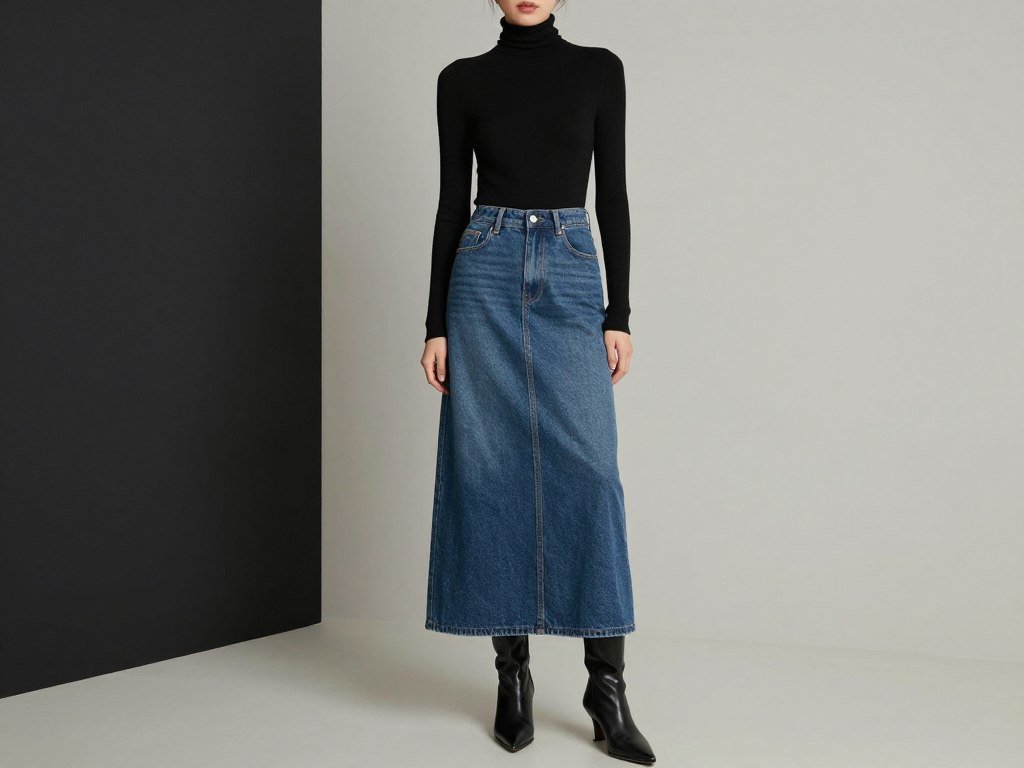 long jean skirt outfit with black turtleneck and pointed toe boots