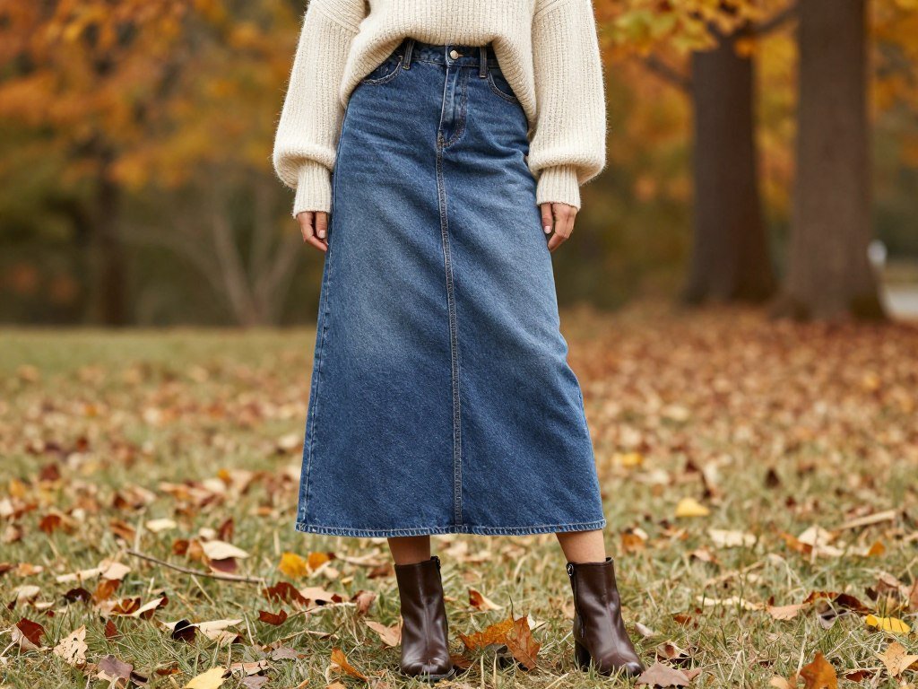 long jean skirt styled with oversized sweater and ankle boots fall outfit