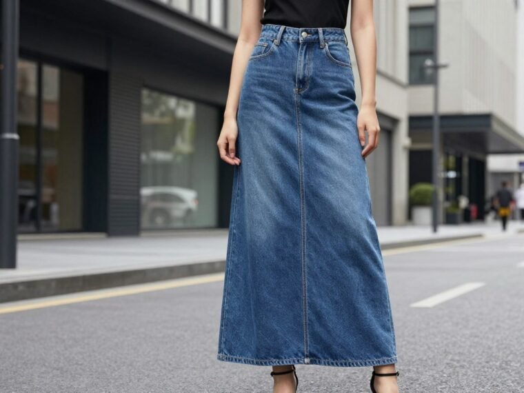 long jean skirts fashion trend comeback stylish woman wearing maxi denim skirt