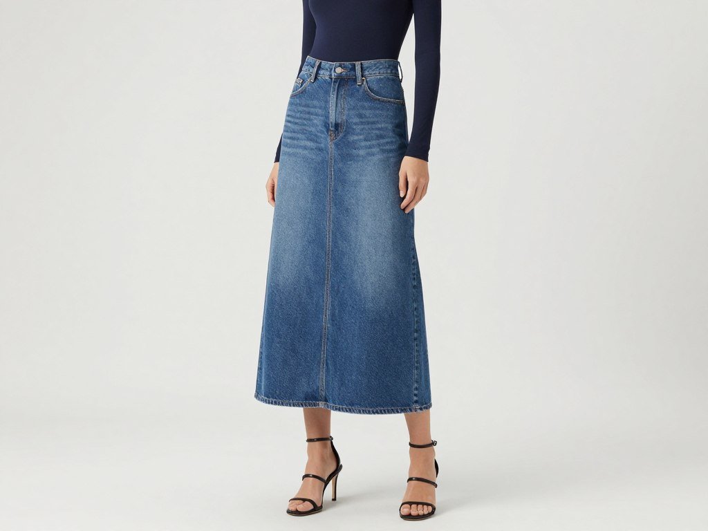 maxi denim skirt outfit with fitted bodysuit and strappy heels