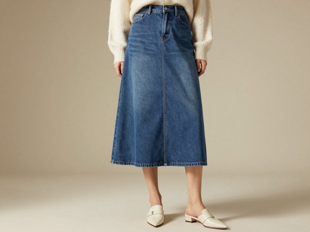 maxi denim skirt with cashmere sweater and mules luxury casual outfit