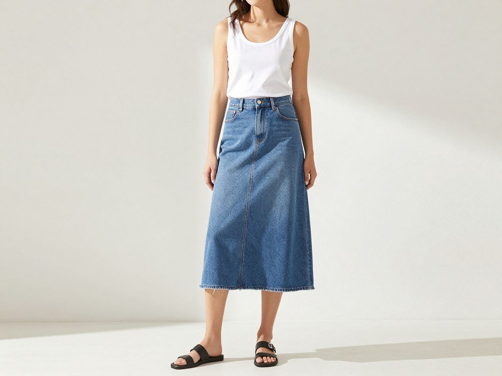 maxi denim skirt with tank top and slides summer casual outfit