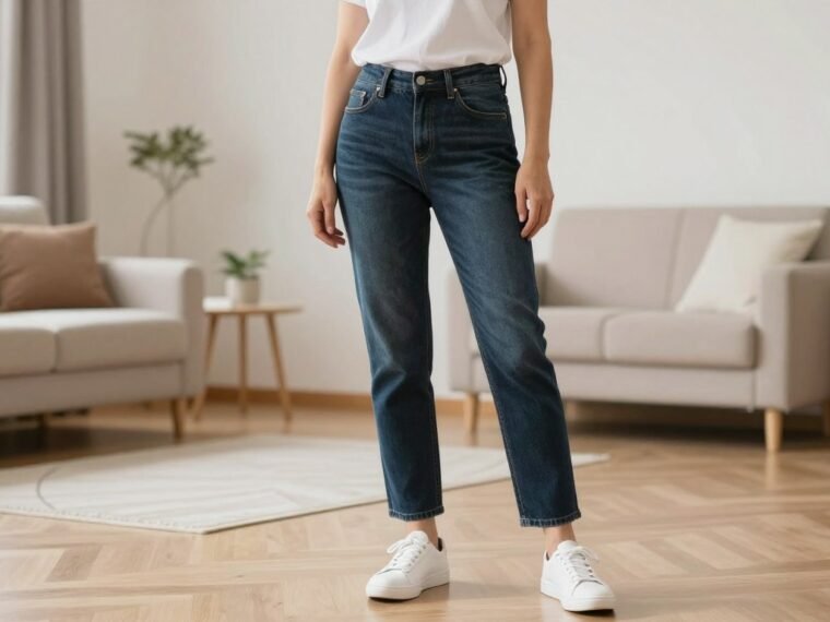modern mom wearing casual outfit with jeans and sneakers