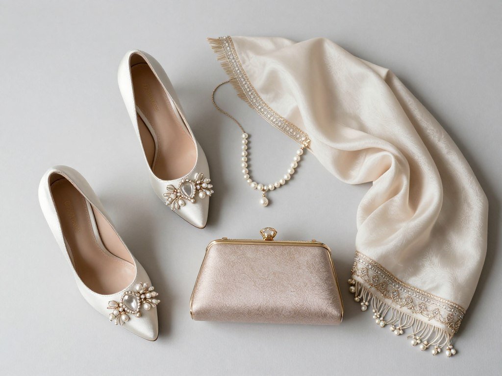 mother of the bride accessories including shoes, jewelry, and clutch arranged elegantly