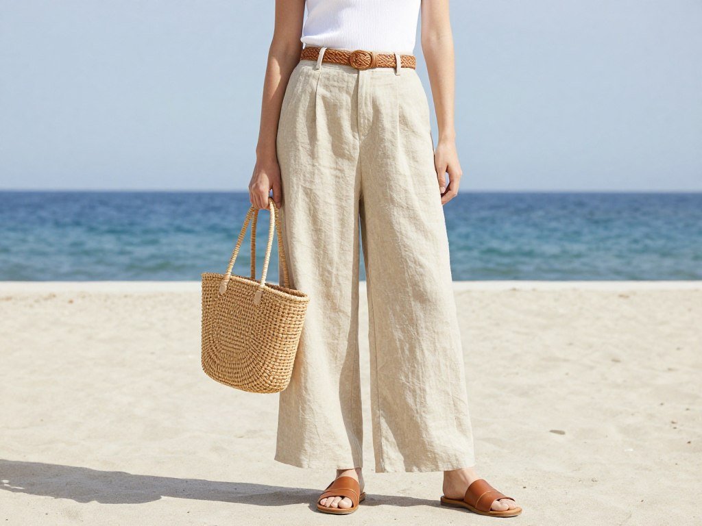 neutral linen pants with tucked-in tank top