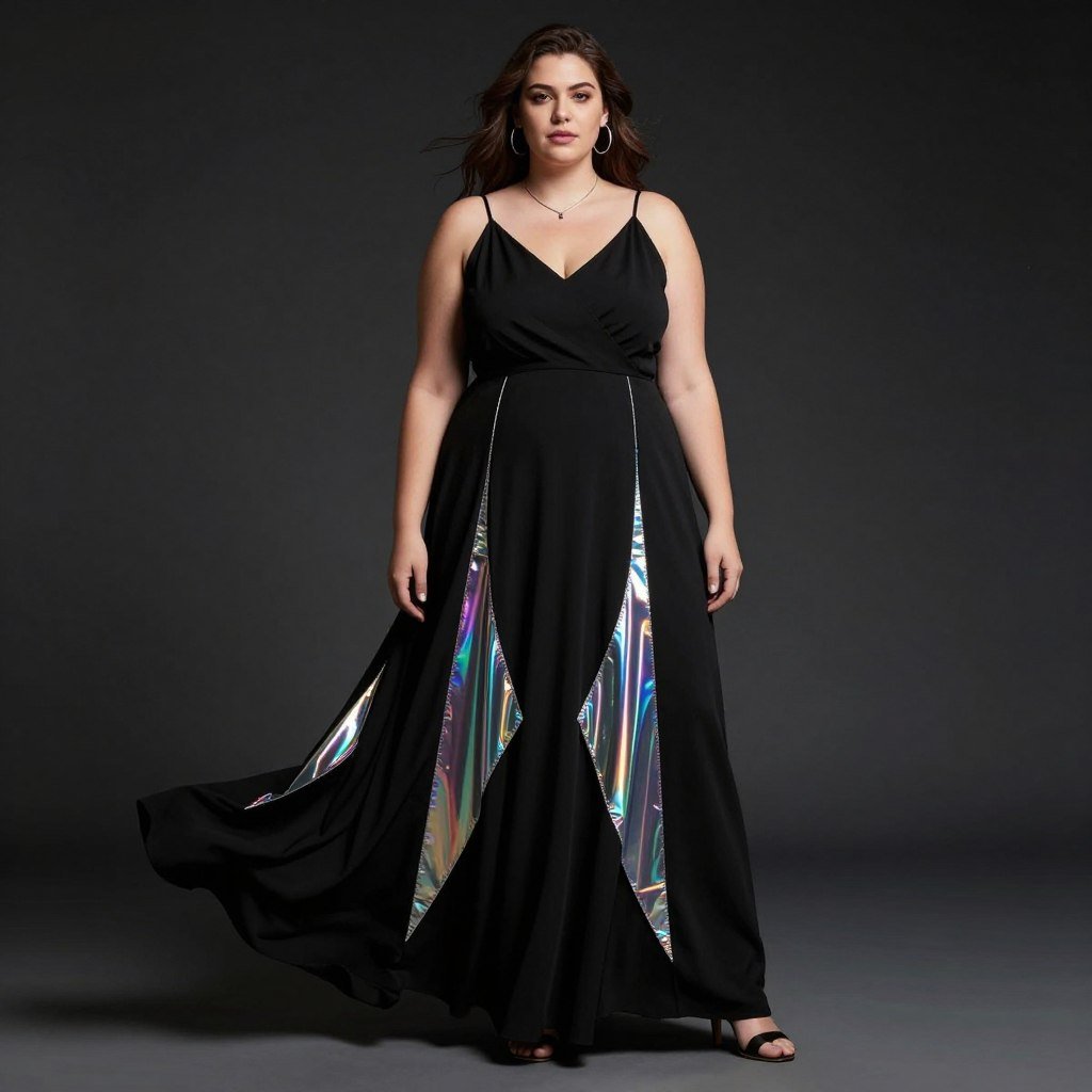 plus size goth maxi dress with holographic details