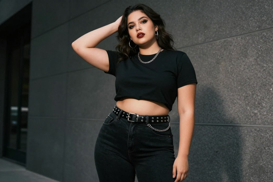 plus size goth outfit featuring black denim and accessories