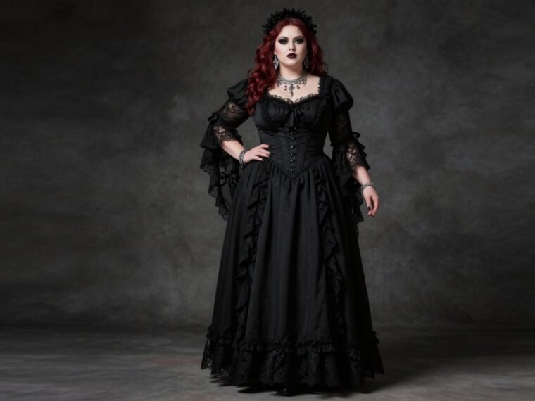 plus size goth outfits featuring flowing black dress with lace details
