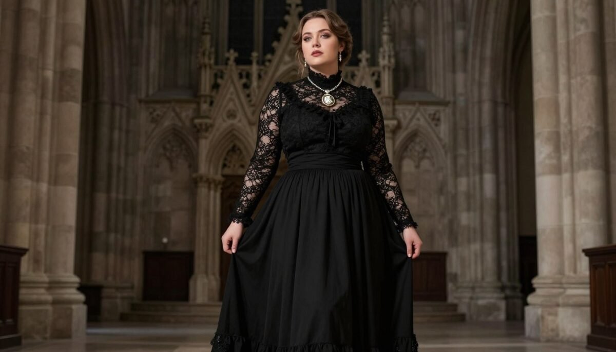 plus size gothic maxi dress with Victorian high collar