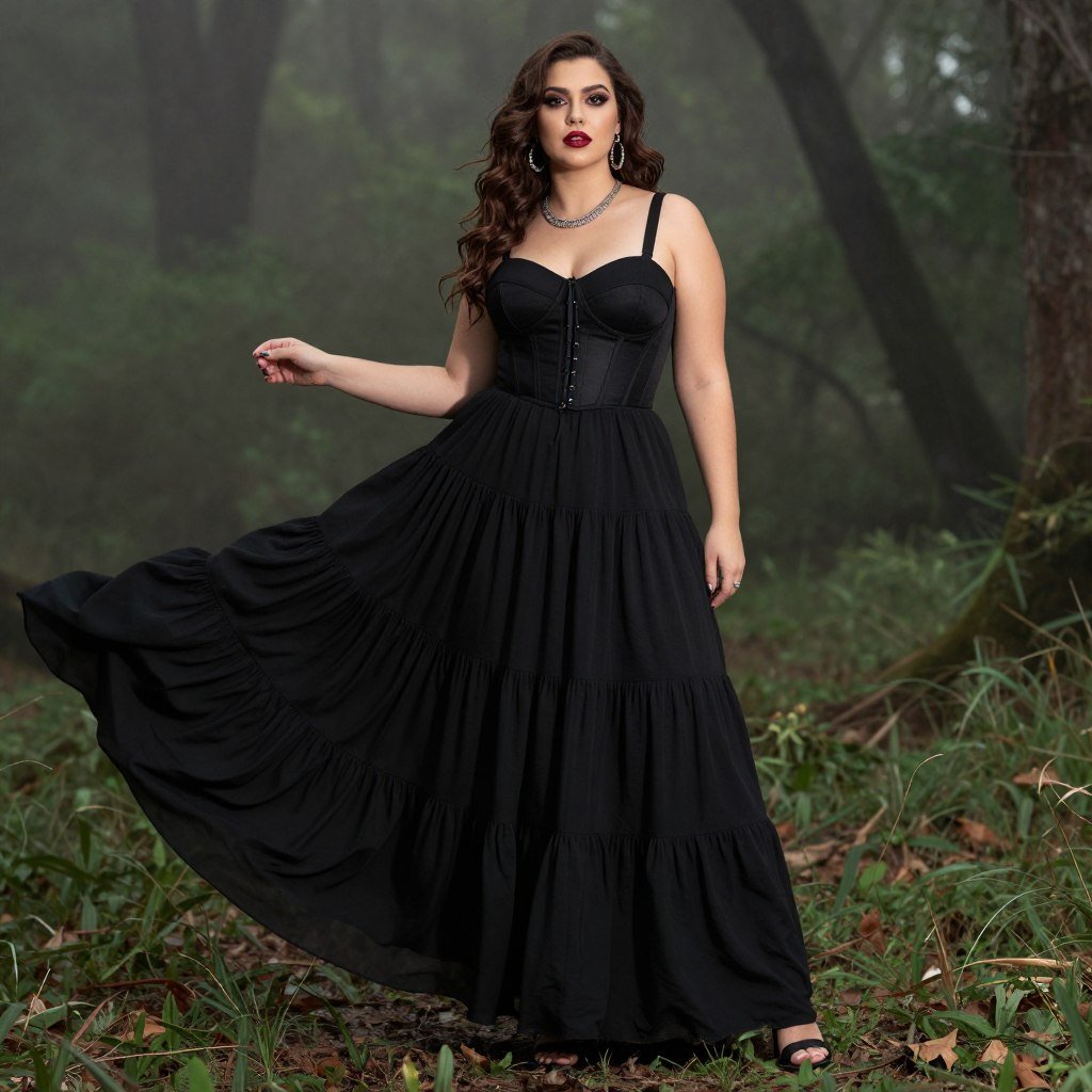 plus size gothic maxi skirt outfit styled with corset