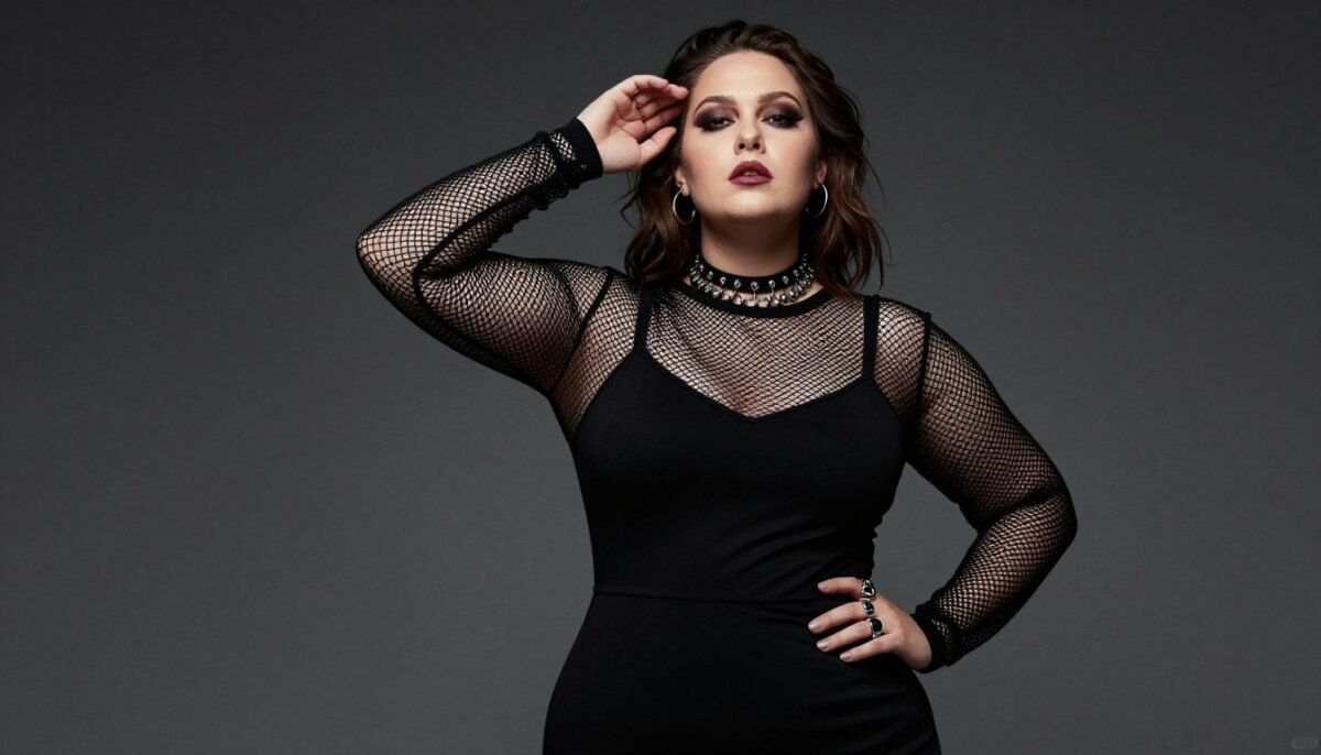plus size gothic outfit with mesh layering and accessories