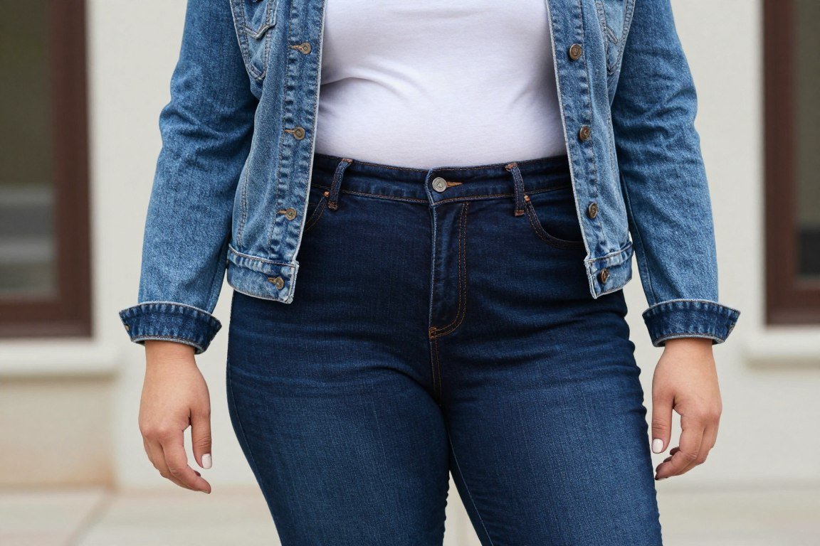 plus size mom in dark jeans and tee with denim jacket