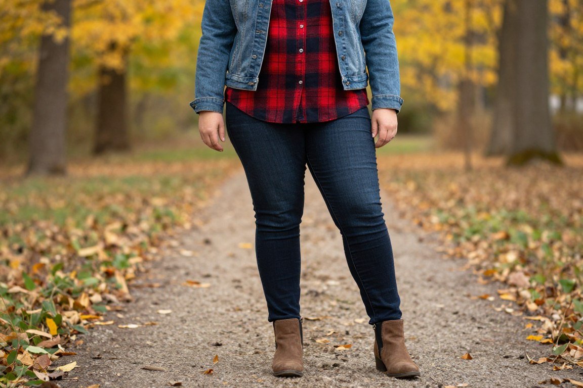 plus size mom in fall layered outfit with plaid shirt
