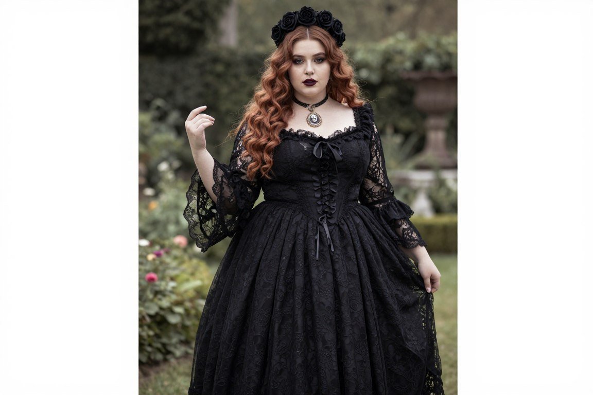 plus size romantic goth outfit with flowing lace dress