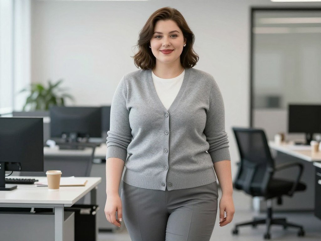 plus size woman in cardigan set with dress trousers