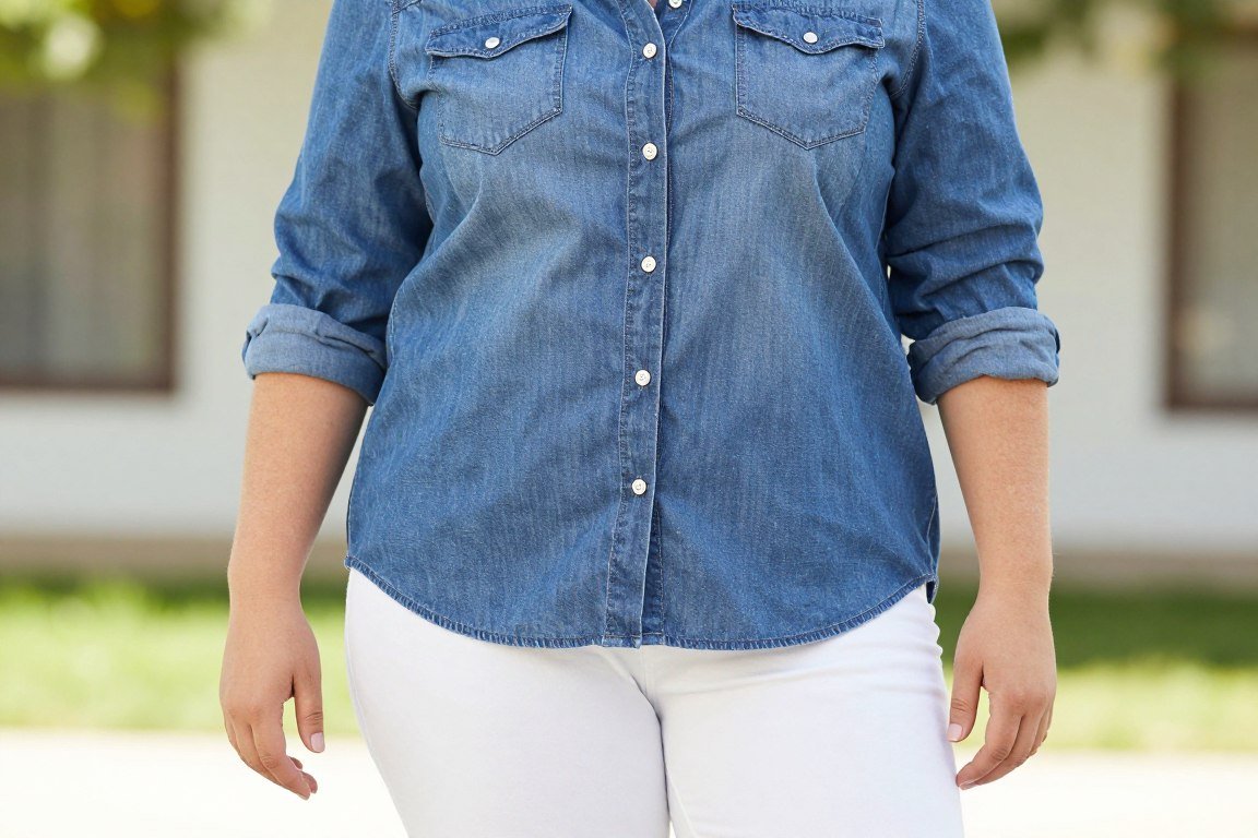 plus size woman in chambray shirt with white pants