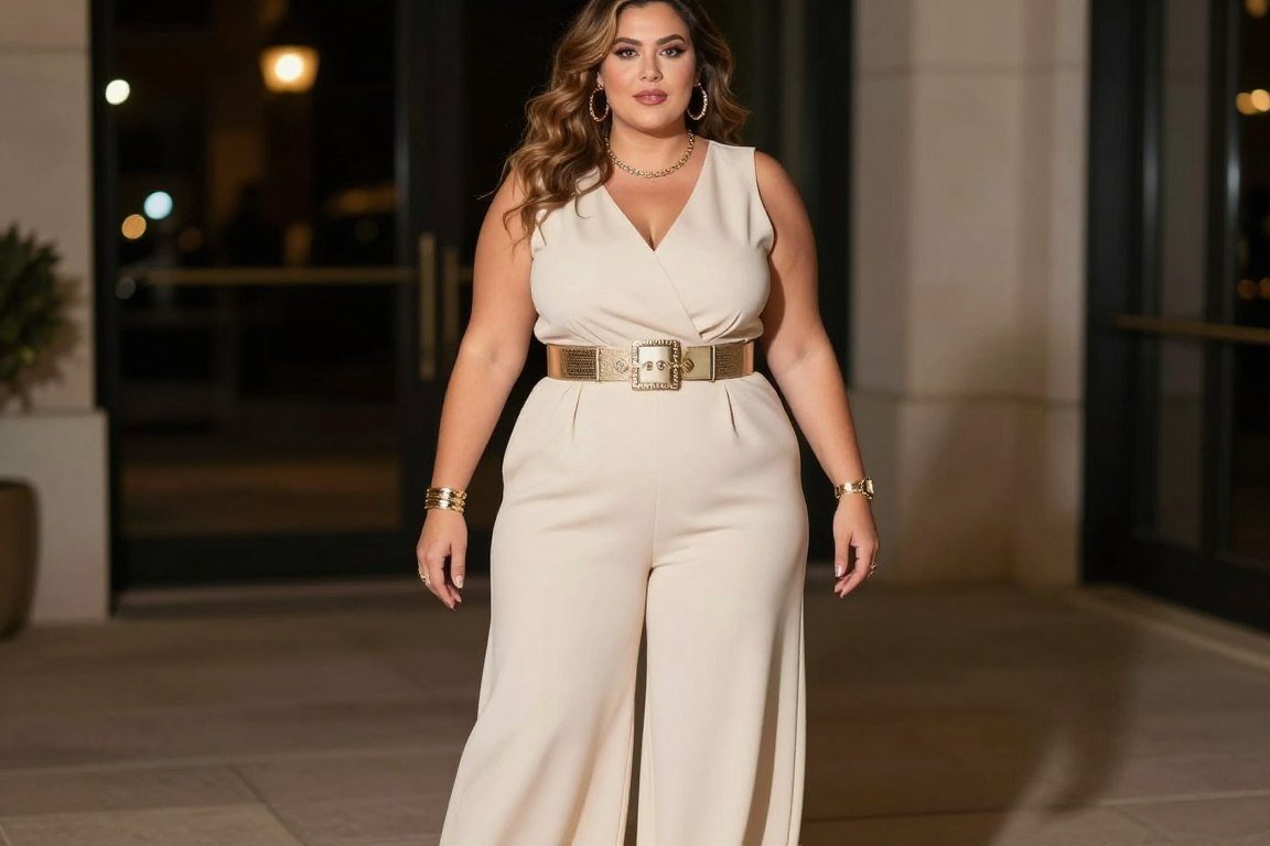 plus size woman in elegant jumpsuit for evening event