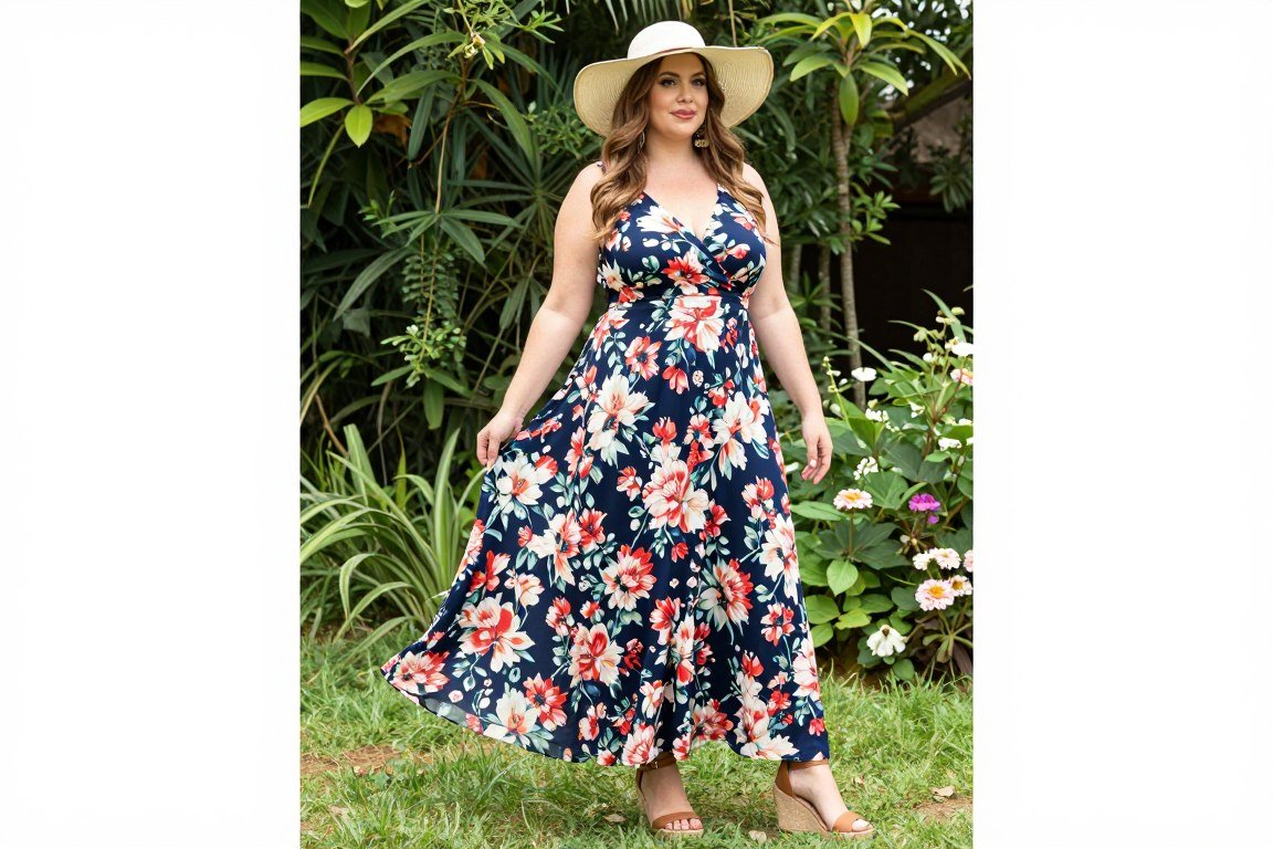 plus size woman in floral maxi dress for outdoor event